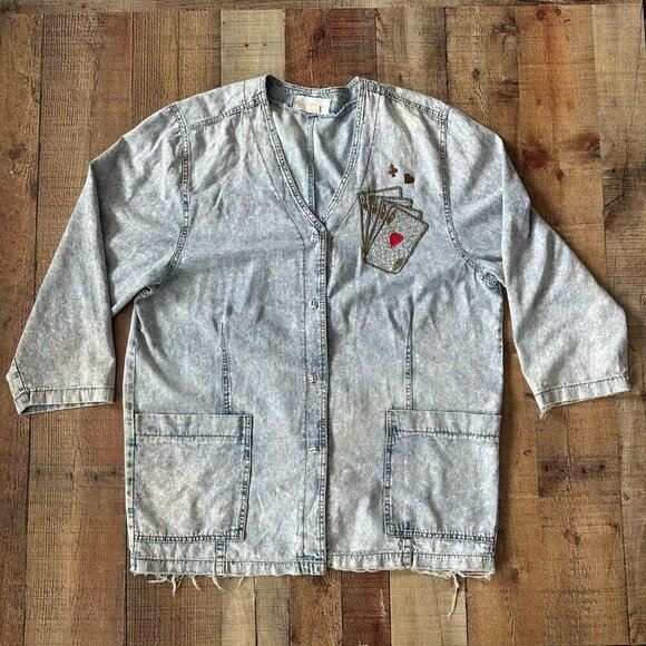 Monique Fashions Tops - Vintage Denim Button Front Top With Playing Card Embroidery & Dice Button Detail